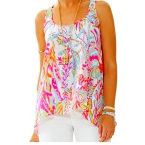 Lilly Pulitzer Sarina Silk Racerback tank. Scuba To Cuba print. Size L
